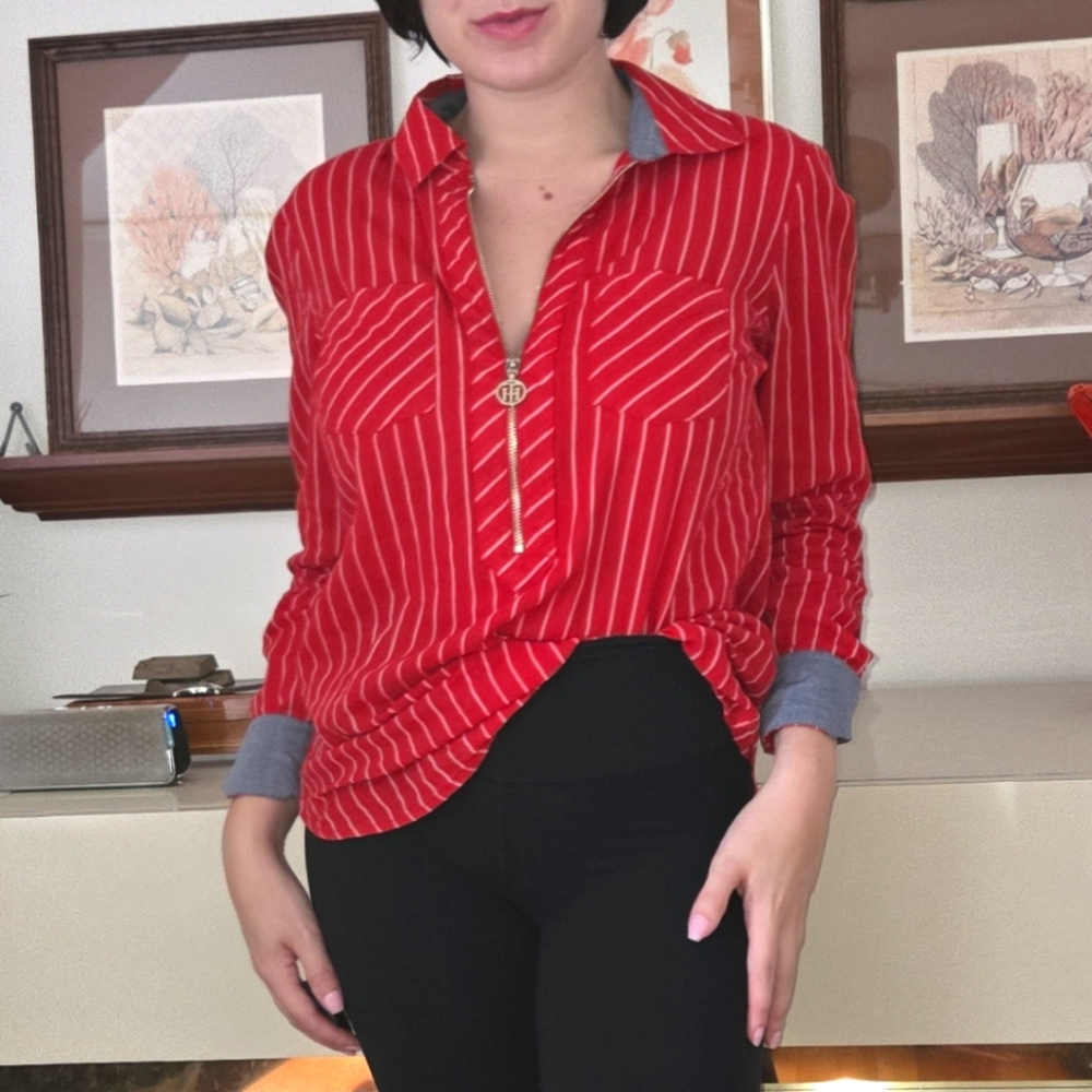 Tommy Hilfiger Red Pinstripe Quarter Zip Blouse